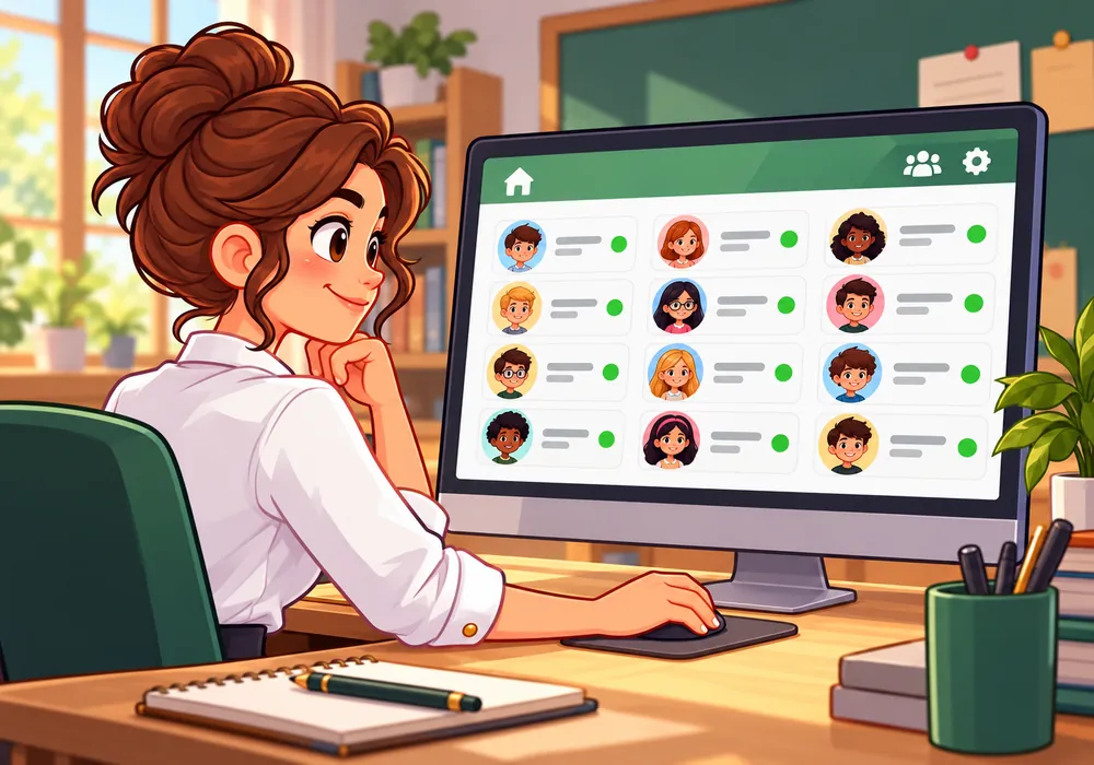 Docent seguint en una pantalla la taula de tota la classe amb qui és connectat